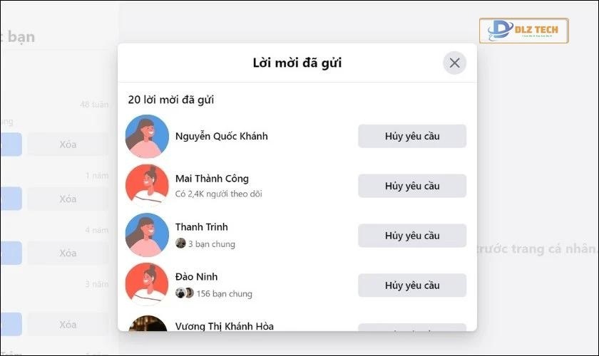 Toàn bộ lời mời kết bạn đã gửi trên Facebook sẽ hiển thị tại đây