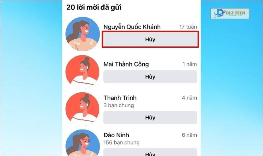Chọn Hủy lời mời ở tài khoản mà bạn muốn