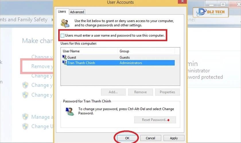 bỏ tích tại ô Users must enter a user name and password