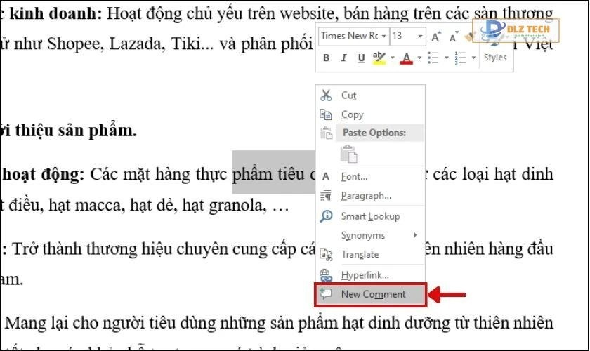 Tạo bình luận trong Word bằng cách nhấn chuột phải