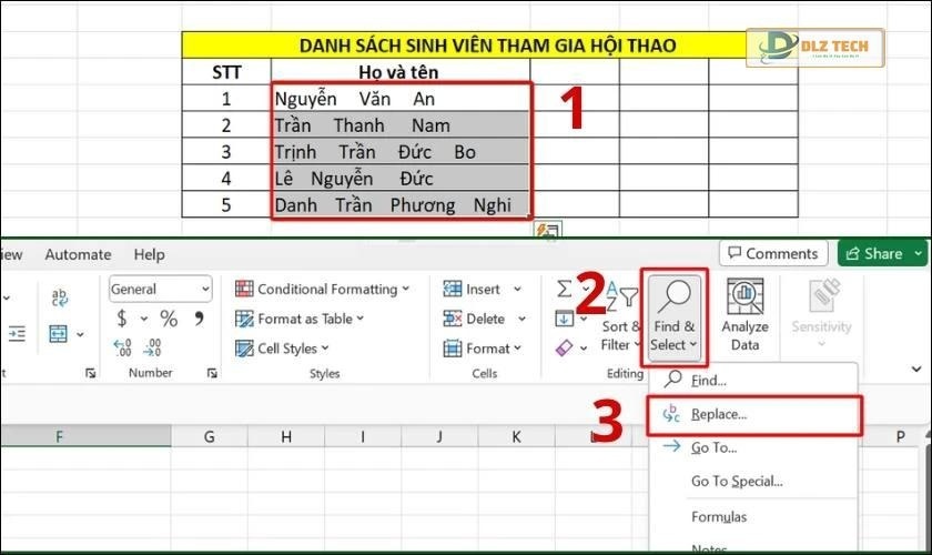 xóa khoảng trắng bằng find & replace trên excel