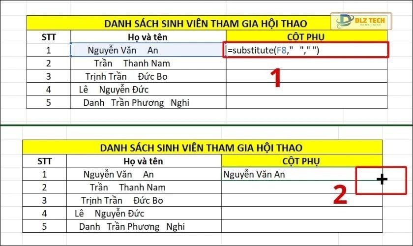 hàm substitute xóa khoảng trắng đầu dòng trong excel