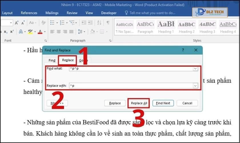 lệnh xóa dòng trống trong word