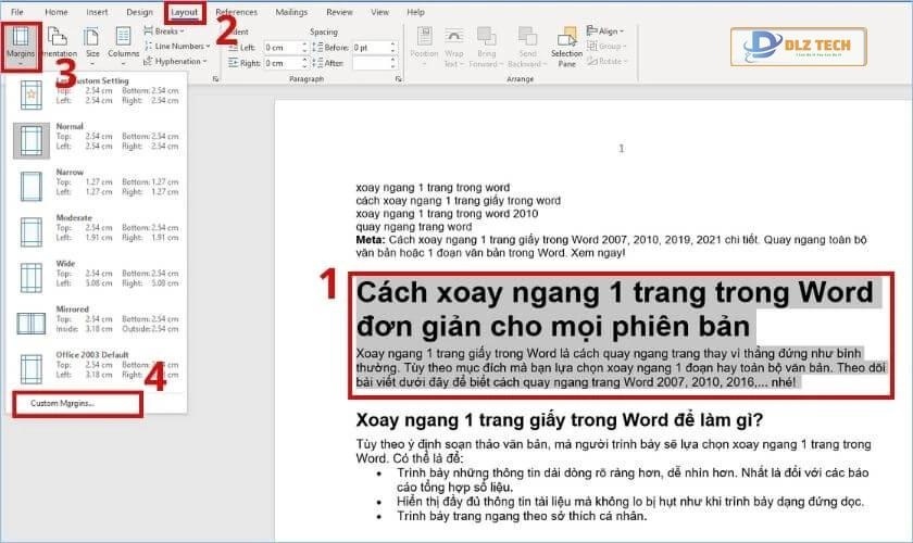 vào layout chọn margins và nhấn custom margins