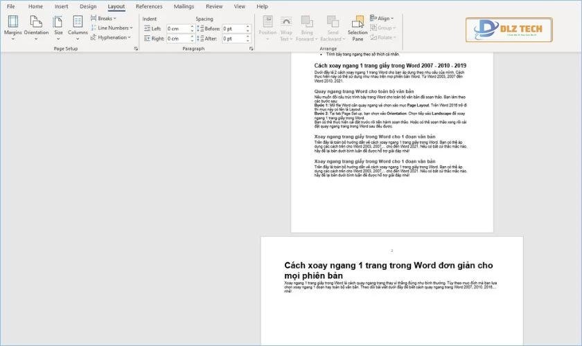 trang giấy chỉ định trong word đã xoay ngang