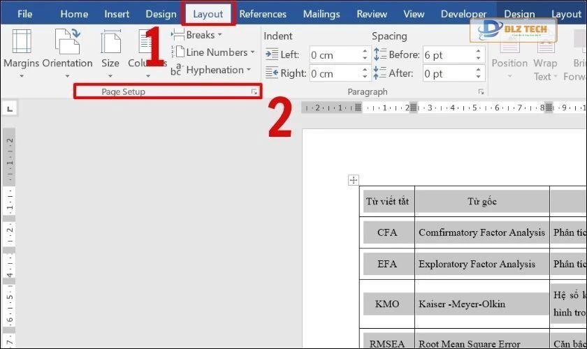 Tại mục Layout, chọn Page Setup