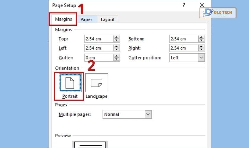 mở lại page setup và chọn portrait trong margins