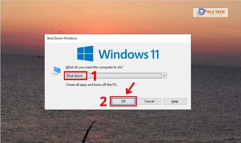 Bấm mũi tên chỉ sang phải để chọn Shut down và bấm tiếp OK trên cửa sổ màn hình để tắt máy tính