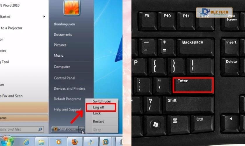 Từ Menu Dropdown bạn chọn Log off và ấn tiếp phím Enter để kết thúc