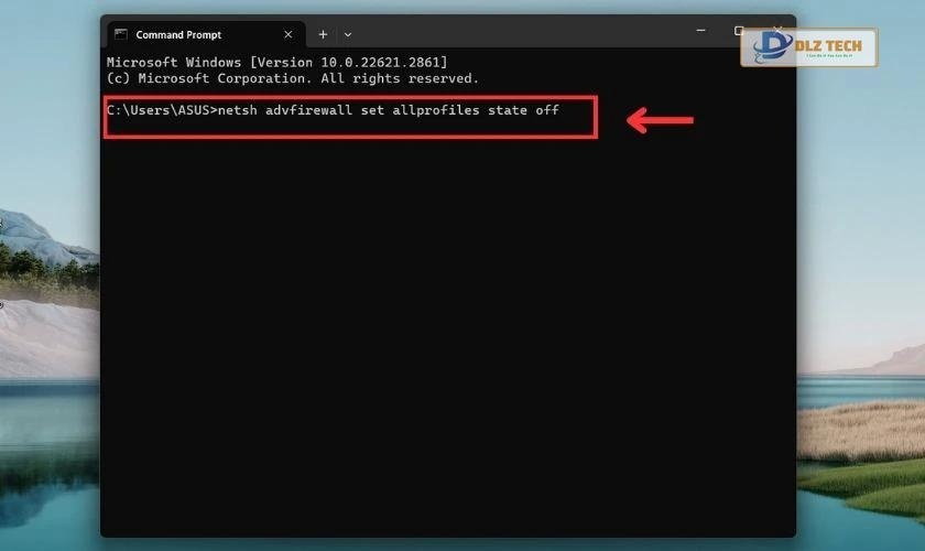 Thực hiện nhập câu lệnh netsh advfirewall set allprofiles state off để tắt tường lửa trên Win 11