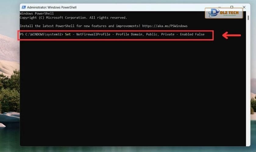 Thực hiện nhập lệnh Set - NetFirewallProfile - Profile Domain, Public, Private - Enabled False