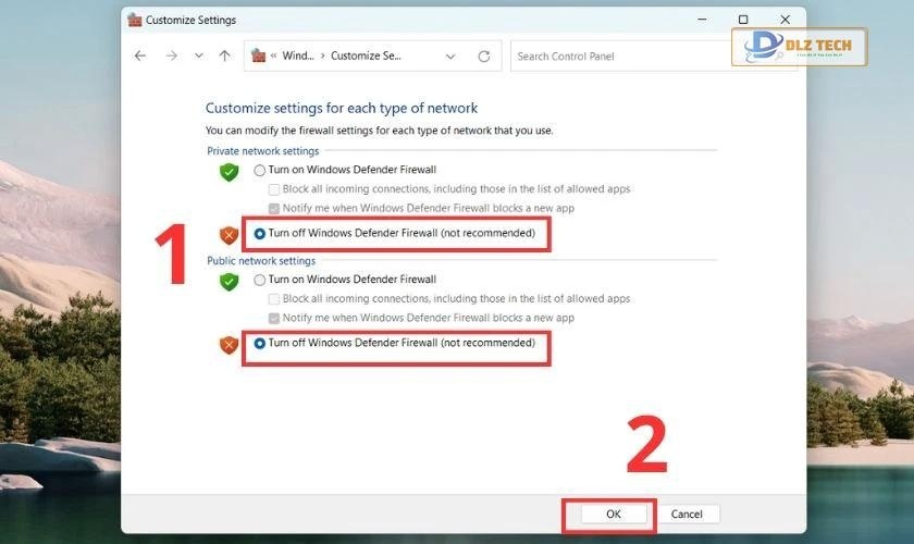 Chọn vào Turn off Windows Defender Firewall để tắt tường lửa trên Win 11