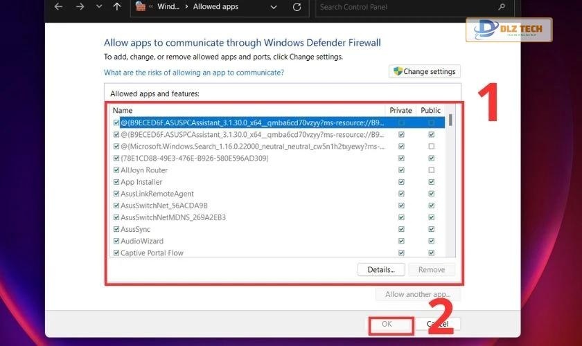 Cửa số Allowed apps and firewall