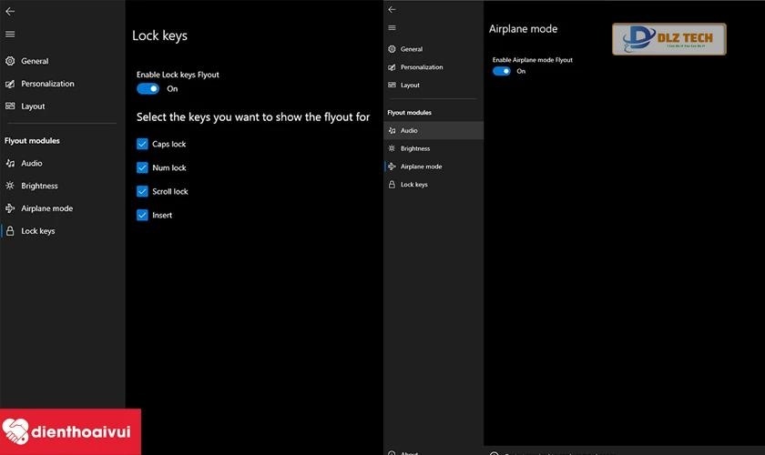 Thiết lập các mục trong Modern Flyouts
