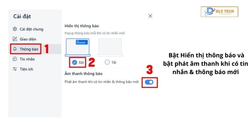 đổi thông báo từ Tắt sang Bật