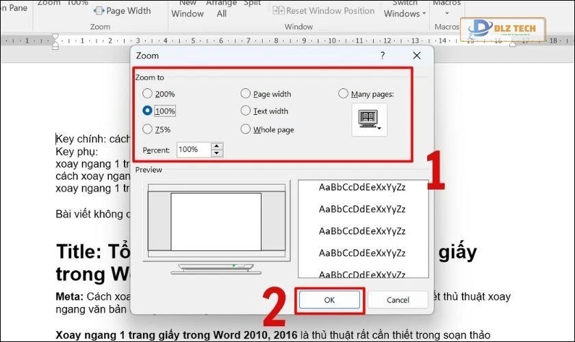 Chọn chế độ, kích thước trang muốn xem