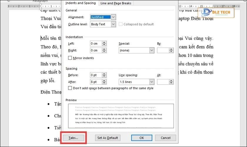 Chọn vào mục Tabs trong hộp thoại Paragraph