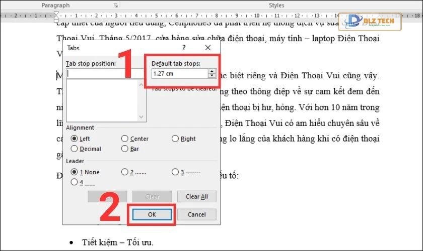 Chọn khoảng cách muốn thụt đầu dòng và nhấn OK