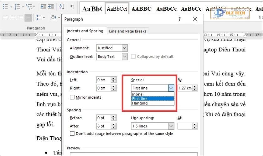 Chọn vào mục First line để chỉnh lùi đầu dòng trong Word