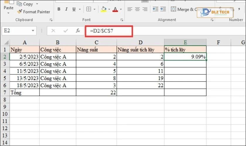 Công thức tính phần trăm chênh lệch giữa hai hàng