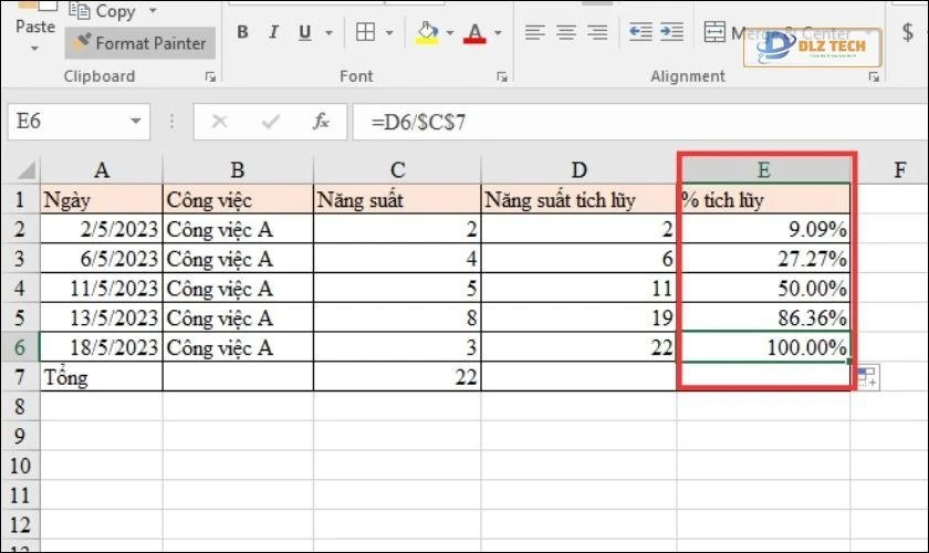 Cách tính tỷ lệ phần trăm chênh lệch giữa 2 hàng