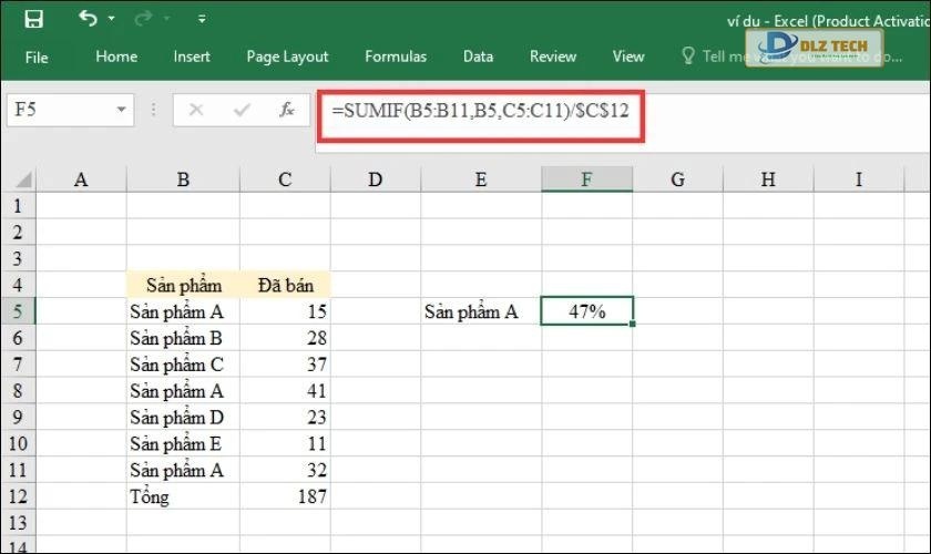 Cách tính tỷ lệ phần trăm của nhiều hàng trong Excel