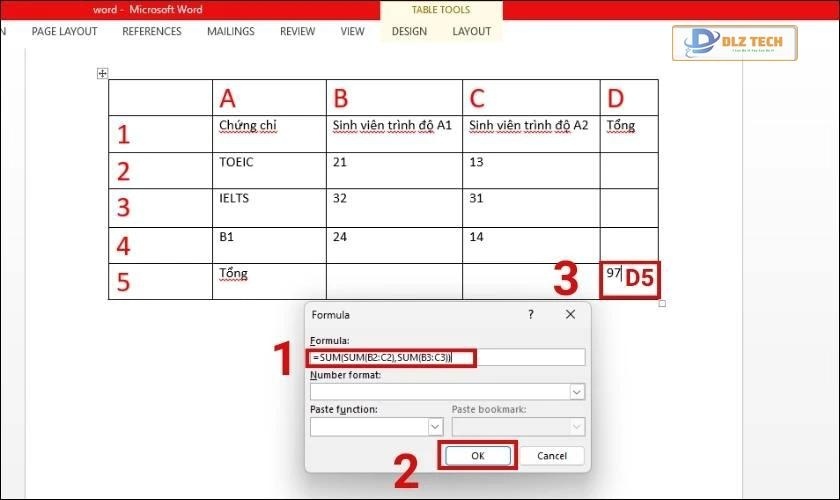 Nhập công thức tính tổng các ô