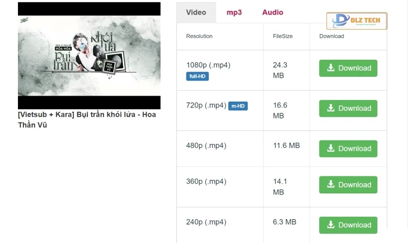 Lựa chọn chất lượng video trên Y2Mate