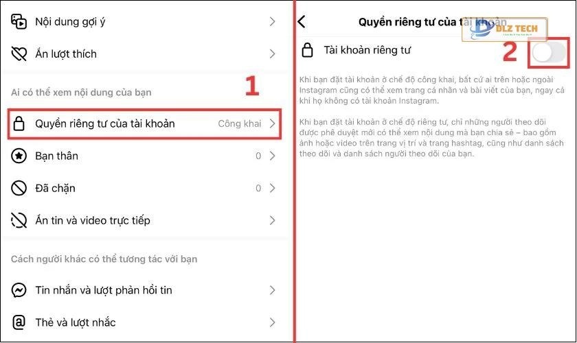 Kiểm tra mục Quyền riêng tư của tài khoản