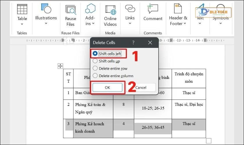 cách xóa hàng trong bảng trên word