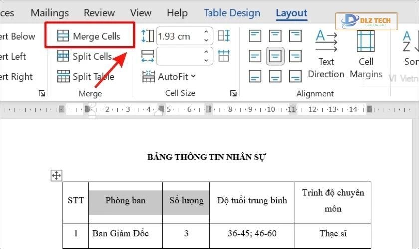 merge cells trong word 