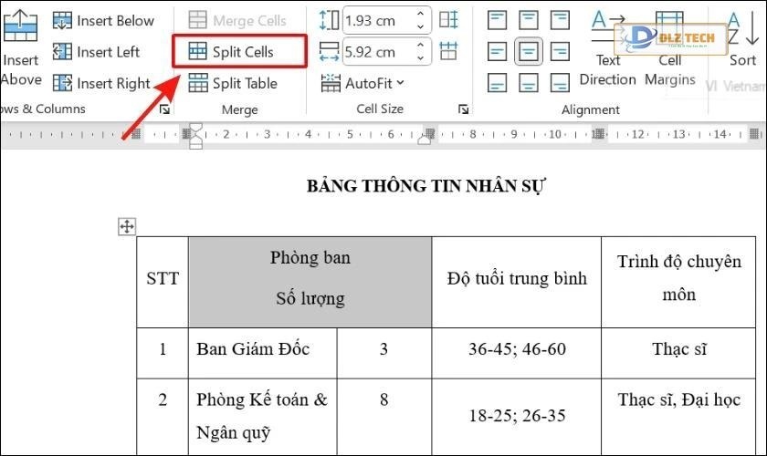 cách tách ô trong bảng 