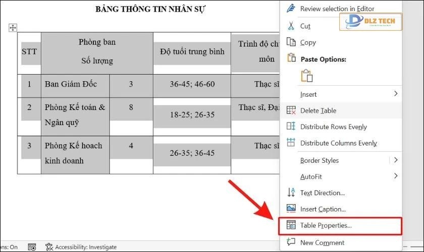 table properties trong word 