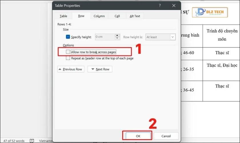 cách khắc phục lỗi bảng bị nhảy trang trong word 
