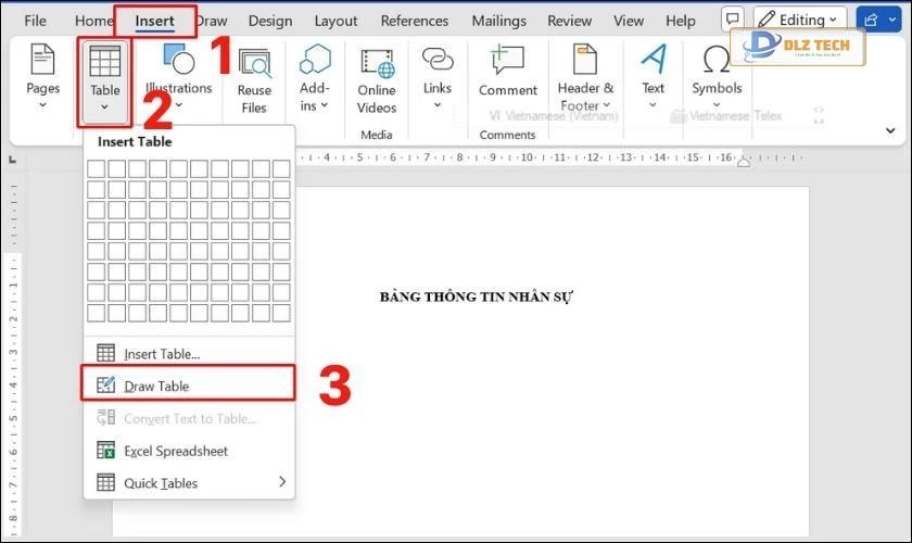 vẽ thủ công tạo bảng nhanh trong word