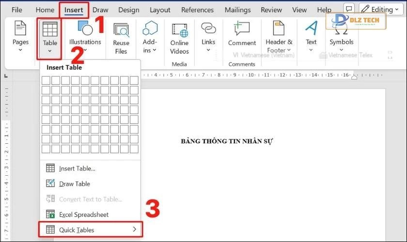 tính năng quick table trong word