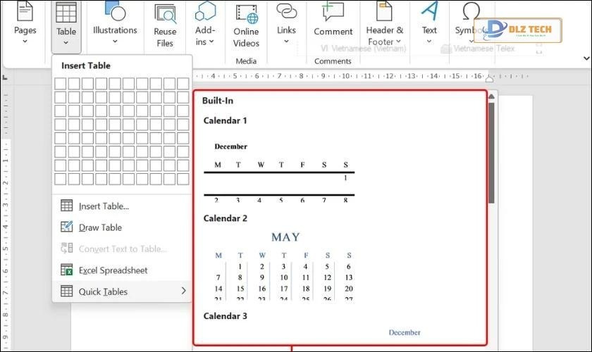 insert quick table trong word