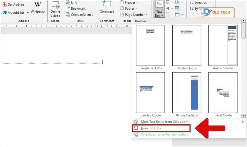 nhấn vào draw text box để đánh chữ lên dòng chấm word