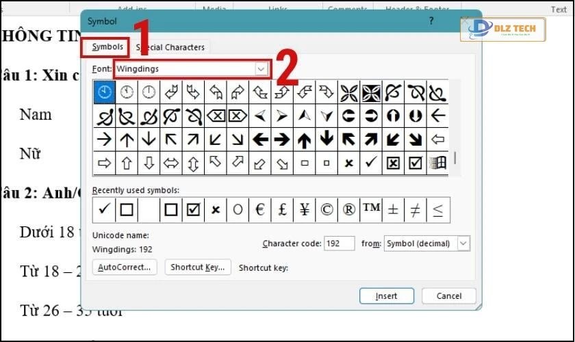 Chèn dấu tích vào Word qua Symbol