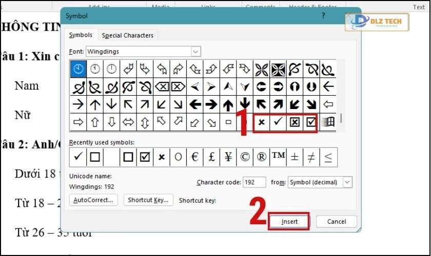 Chèn ô dấu tích vào Word