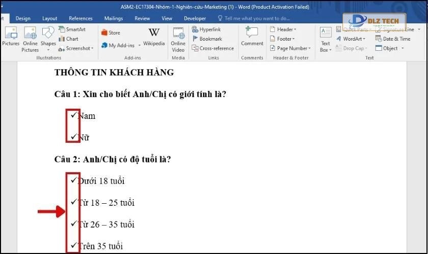 Kết quả chèn dấu tích trong Word