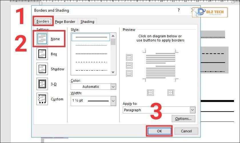 Chọn bỏ đường kẻ và nhấn Ok