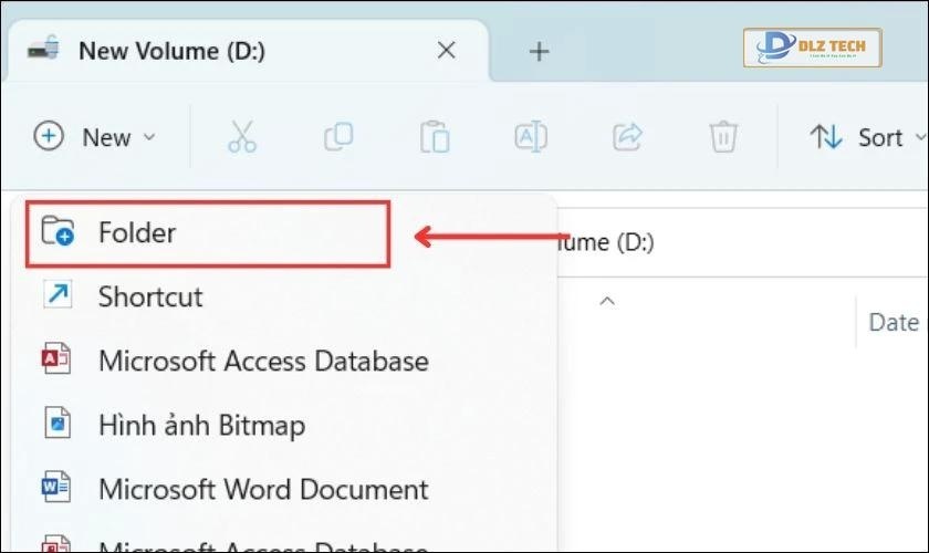 Chọn vào vào mục Folder để tạo thư mục mới