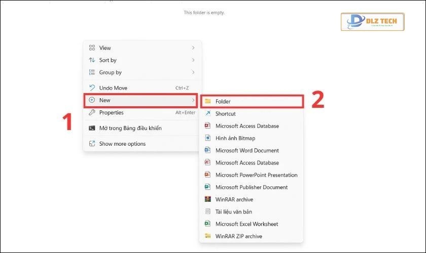 Chọn New và nhấn Folder để tạo file trên máy tính