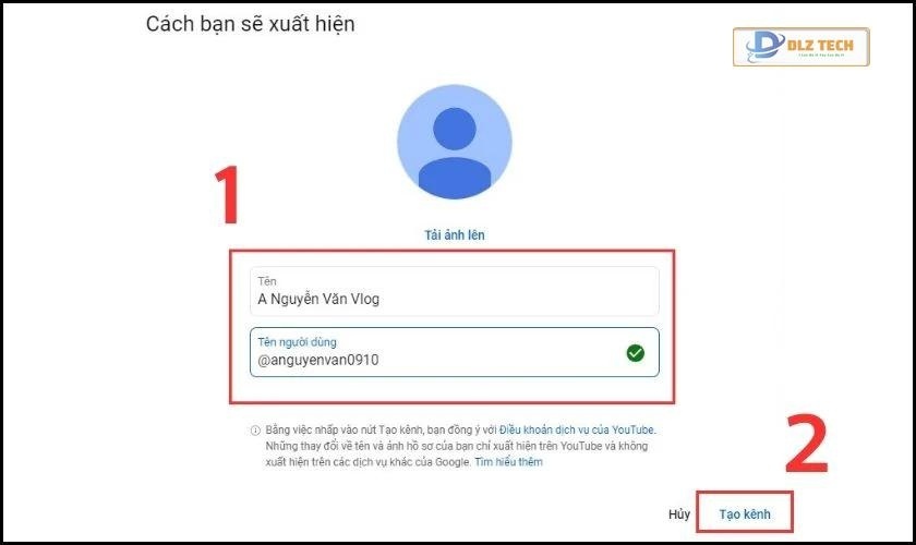 Điền tên và nhấn Tạo kênh