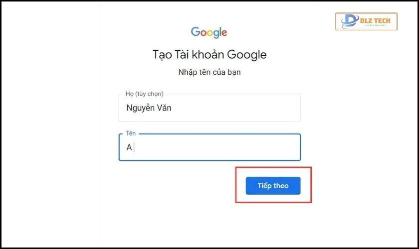 Nhập họ tên và nhấn Tiếp theo