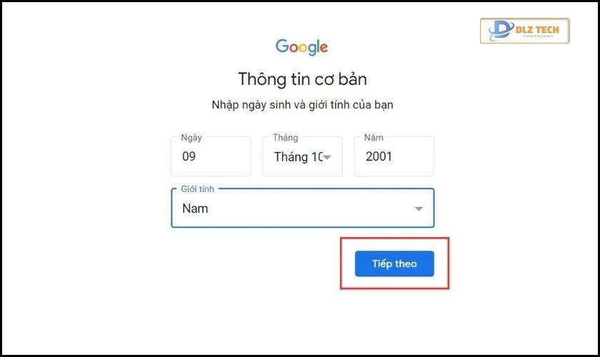 Nhập ngày tháng năm sinh và nhấn Tiếp theo