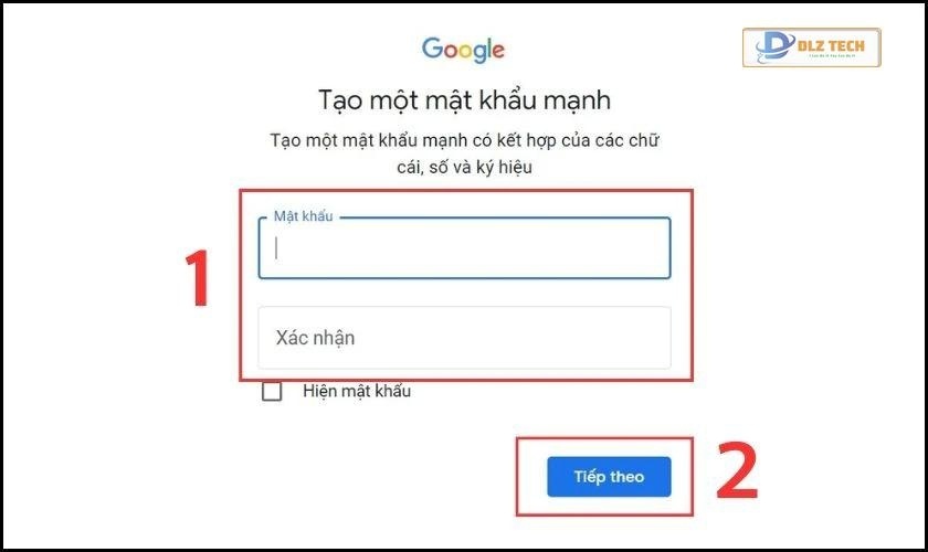Tạo mật khẩu và nhấn Tiếp theo