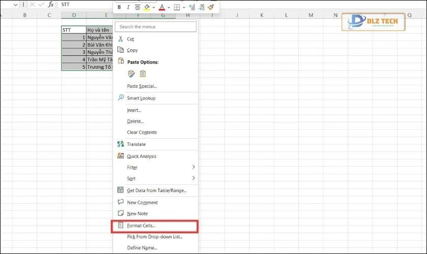 Mở hộp thoại định dạng ô