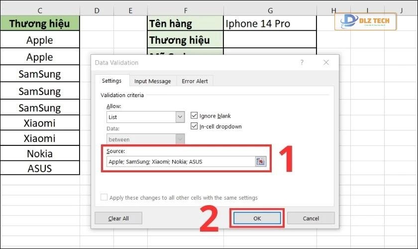 create list thủ công trong excel